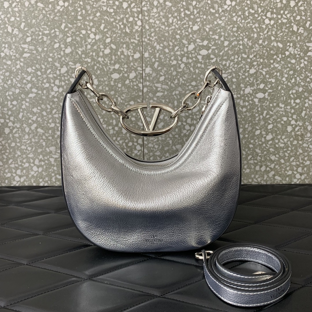 Valentino Garavani VLogo Moon Mini Hobo Bag in Silver Nappa Leather 